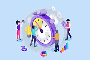 People trying to stop time. A man hangs on an arrow of a giant clock. Time management, Time limit, and Deadline concept. isometric
