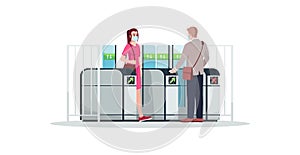 People at turnstile semi flat RGB color vector illustration