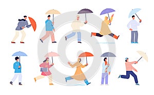 People with umbrella. Autumn rain umbrellas, woman walking rainy day. Person in yellow raincoat, isolated cartoon adults