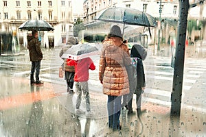people with an umbrella in rainy days in winter season, bilbao,