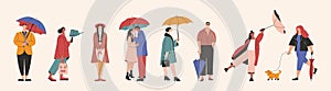 People with umbrellas. Cartoon characters holding parasols in rainy weather, man woman walking in downpour. Vector set