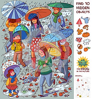 People with umbrellas in the rain. Find 10 hidden objects photo