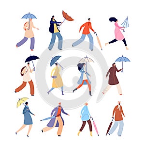 People with umbrellas. Rainy autumn, city street wet person character. Isolated man woman outdoor walking in raining day