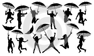People with umbrellas silhouette, vector set. Crowd with parasols isolated on white background.