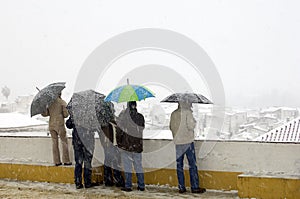 People with umbrellas in snow