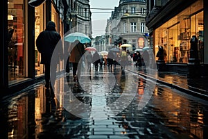 People with umbrellas strolling in city during rainstorm