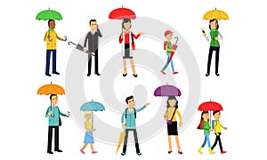 People of Different Ages, Genders and Races With Colorful Umbrellas Vector Illustration Set Isolated On White Background