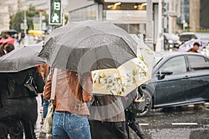 People under umbrellas, back view. Rainy day, city street. Seasons, weather