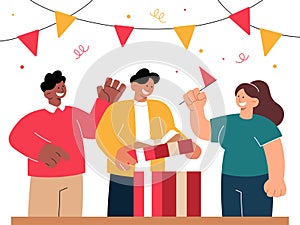 People unwrapping gift vector illustration in flat style