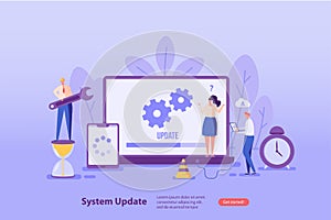 People updating operation system with progress bar. Software upgrade and installation program. Concept of system update,