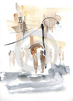 People in urban infrastructure. Minimalist stylized sketch. Isolated on white. Hand drawn watercolor with paper texture. Bitmap