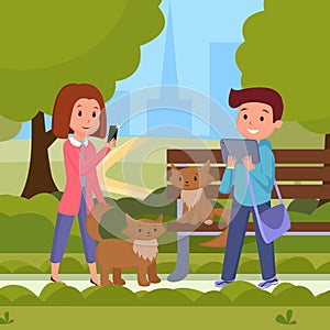 People in urban park flat illustration. Woman taking cats photos on smartphone, man with domestic animal using tablet