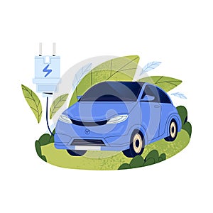 People use electric car. Ecologic clean automobile. Auto on alternative energy. Sustainable city vehicle, transport with