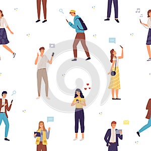 People use gadgets seamless pattern. Men and women with smartphones and tablet, millennials using mobile devices. Decor