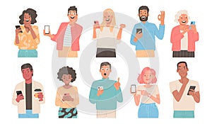 People use mobile phones. Characters are holding smartphones in their hands gesticulating. Men, women look at the phone screen,
