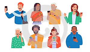 People use phones. Set of characters of men and women of different ages using smartphones