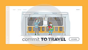 People Use Public Transport Landing Page Template. Characters in Underground Metro. Subway Train Interior with Citizen