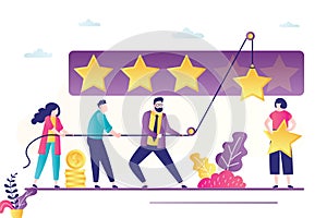 People use rope and raise stars. Review banner concept, testimonials. Teamwork, people vote or rate. Clients feedback. Business