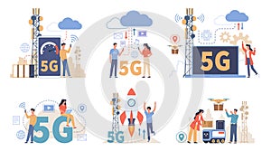 People using 5g. Users of network options, urban wireless technologies, high speed environment, transmitter towers