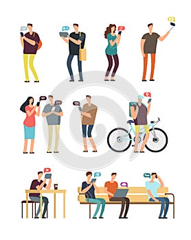 People using cellphone, mobile internet and smartphone addiction vector concept. Cartoon vector characters