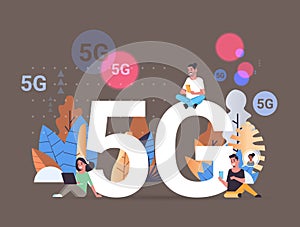 People using digital devices 5G online wireless system connection fifth innovative generation of high speed internet