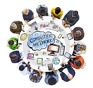 People Using Digital Devices with Computer Network Symbols