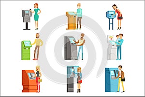 People using electronic self service terminals. Payments and receive money. ATM machine money deposit and withdrawal