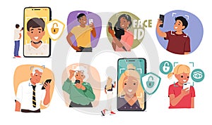 People using face id recognition system smart technology in mobile phone for data protection set