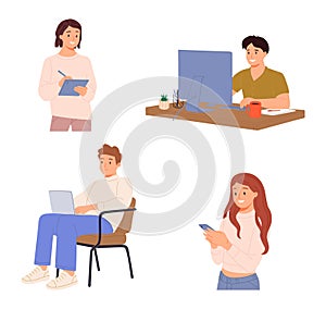 People using gadgets set. Business men, women work online, surfing internet with desktop computer