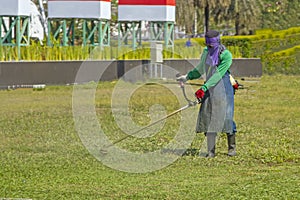 People using lawn mowers on the lawn