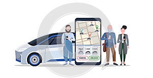 People using mobile app smartphone screen with gps map ordering taxi car sharing concept transportation carsharing