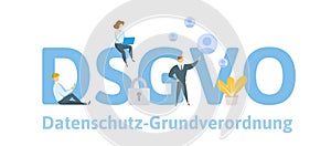 People using mobile gadgets and internet devices among big DSGVO letters. GDPR, RGPD. Concept vector illustration. Flat photo