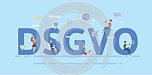 People using mobile gadgets and internet devices among big DSGVO letters. GDPR, RGPD, DPO. Concept vector illustration