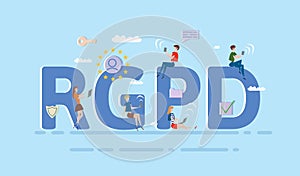 People using mobile gadgets and internet devices among big RGPD letters. GDPR, RGPD, DSGVO, DPO. Concept vector photo