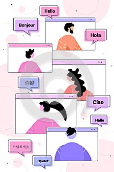 people using mobile translation application multilingual greeting international online communication