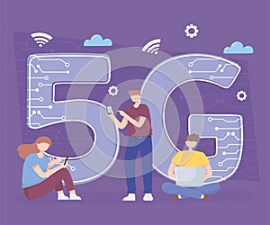 people using smartphone, laptop devices technology wireless connection 5G generation