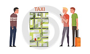 People using smartphone mobile app for ordering taxi car cartoon vector illustration