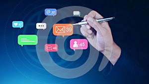 People using social media and digital online marketing concepts with icons such as notifications, messages