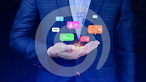 People using social media and digital online marketing concepts with icons such as notifications, messages