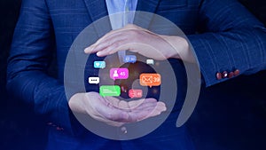 People using social media and digital online marketing concepts with icons such as notifications, messages