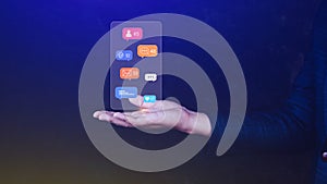 People using touching social media and digital online marketing concepts with icons such as notifications, messages, comments on