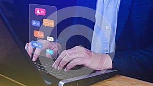 People using touching social media and digital online marketing concepts on laptop with icons such as notifications, messages,