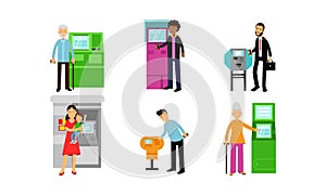 People Using Various Range Of Automatic Teller Machines Vector Illustrations Set