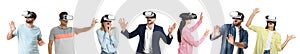 People using virtual reality headset on white background, collage. Banner design