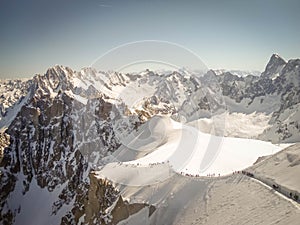 People in the Vallee Blanche, Chamonix, France, Full of skiers in the valley, touristic place