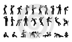 People in various poses, stick figure man icon, isolated silhouettes, drunk man