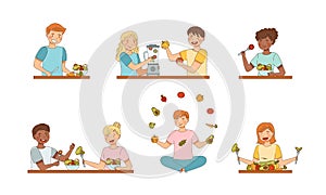 People Vegetarian Character Eating Veggie Making Salad in Bowl and Mixing Ingredients in Blender Vector Set