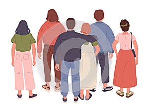 People view from behind. Male and female characters back side position. Fashionable people group flat vector Illustration