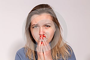 People, violence and abuse concept - Close-up portrait of crying woman with smeared mascara