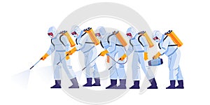 People in virus protective suits and mask disinfecting buildings of coronavirus with the sprayer. Home disinfection by